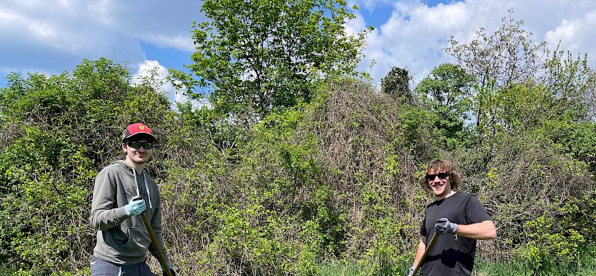 Freiwillige im Klosterpark mit Rechen