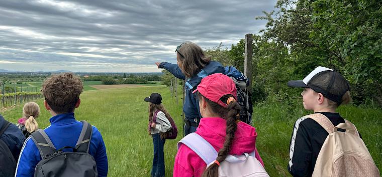 Bei der heutigen Trockenrasenexkursion auf den Alten Schanzen konnten die Schüler:innen mit unseren Naturvermittler:innen zahlreiche Naturbesonderheiten entdecken! © LPV/E. Seidel Naturvermittlerin zeigt Kindern Naturbesonderheit