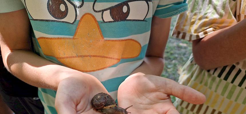 Schüler mit Schnecke auf der Hand