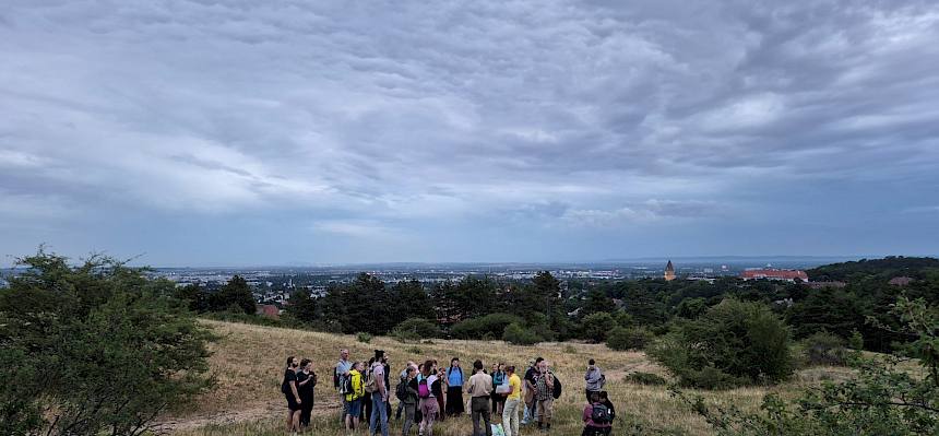 Exkursions-Teilnehmer:innen auf der Heide