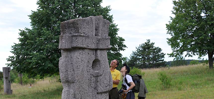 Biolog:innen betrachten Steinskulptur