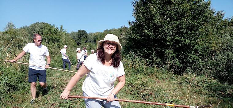 Volunteers rechen Feuchtwiese