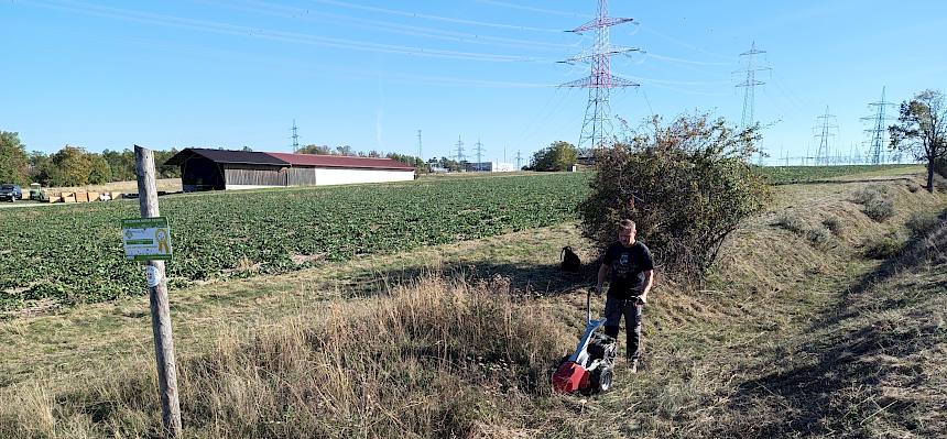 Biologe mäht Hohlweg mit Balkenmäher